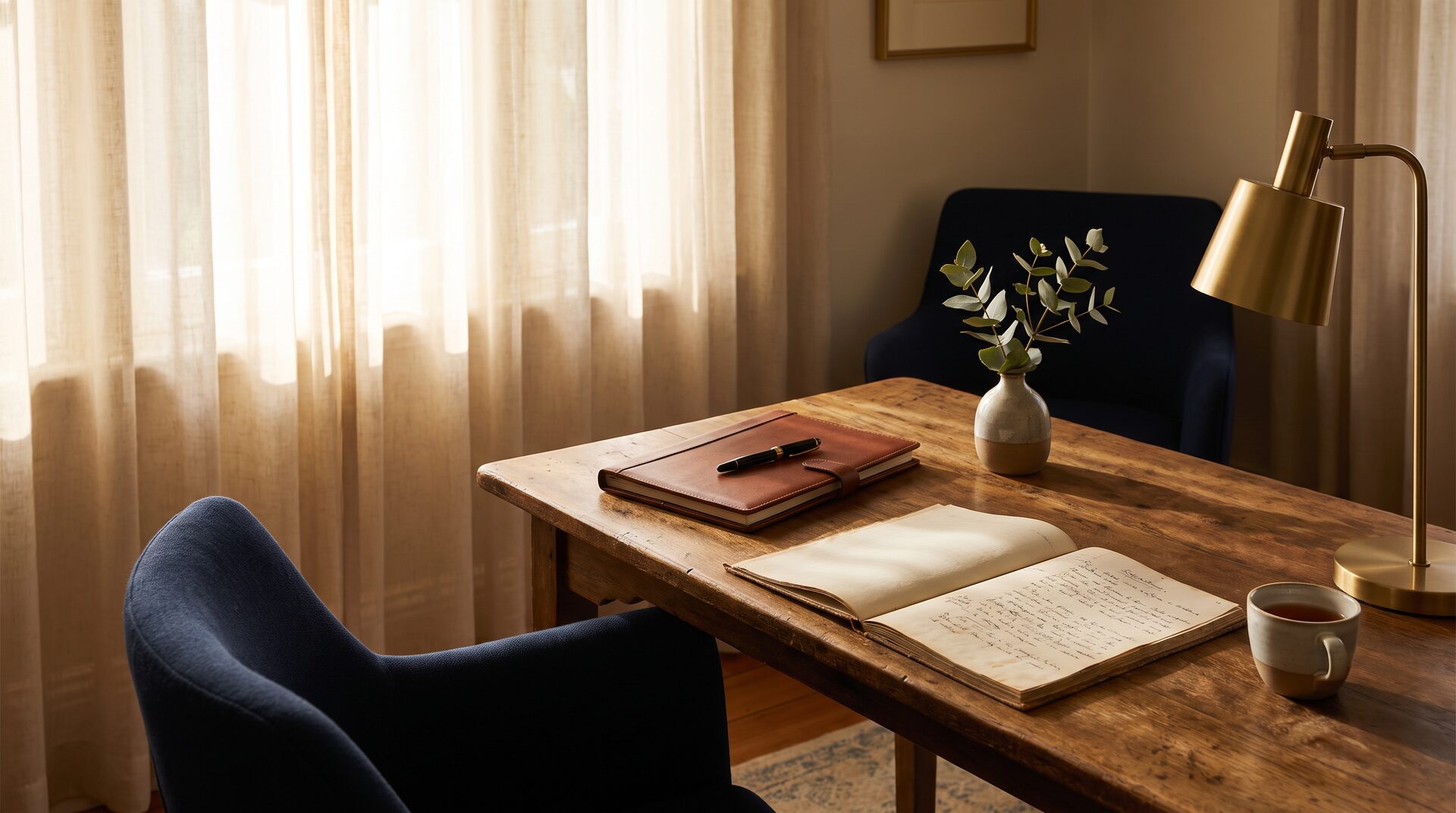 A sunlit Australian home study desk with an open leather folio, fountain pen, eucalyptus sprig and cup of tea — quiet institutional purpose.