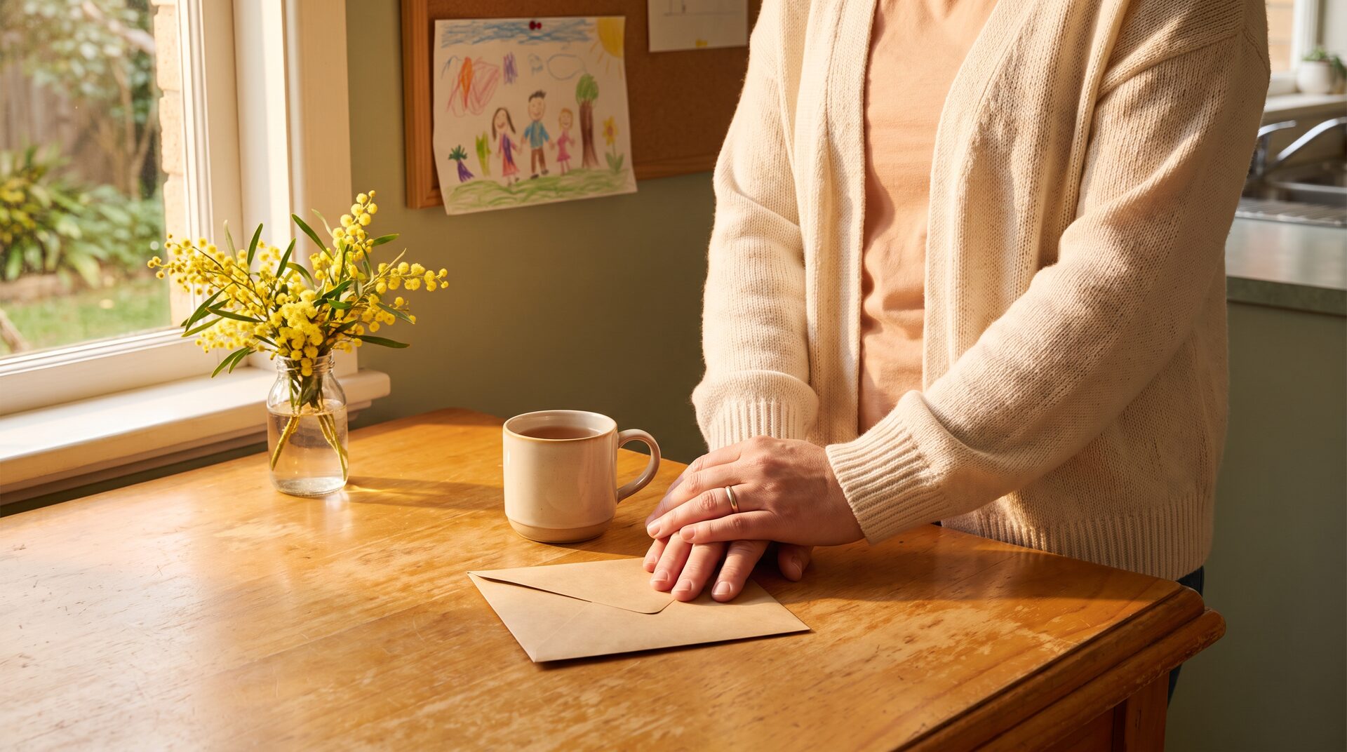 A warm sunlit Australian kitchen with hands folded over an unopened envelope, a mug of tea and yellow wattle wildflowers — the moment financial pressure lifts.