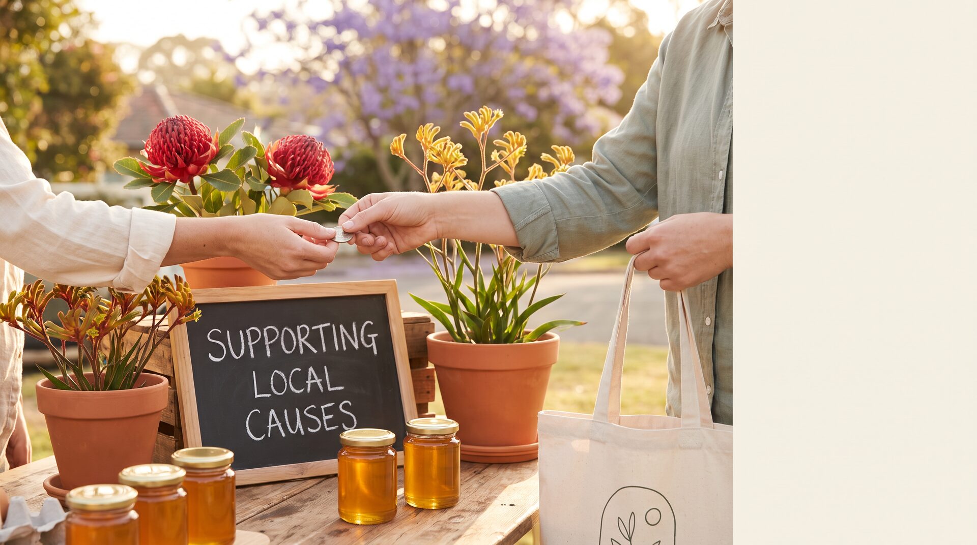 An Australian farmers-market stall with jars of honey, native flowering plants, a supporting-local-causes chalkboard and a hand exchanging a coin.