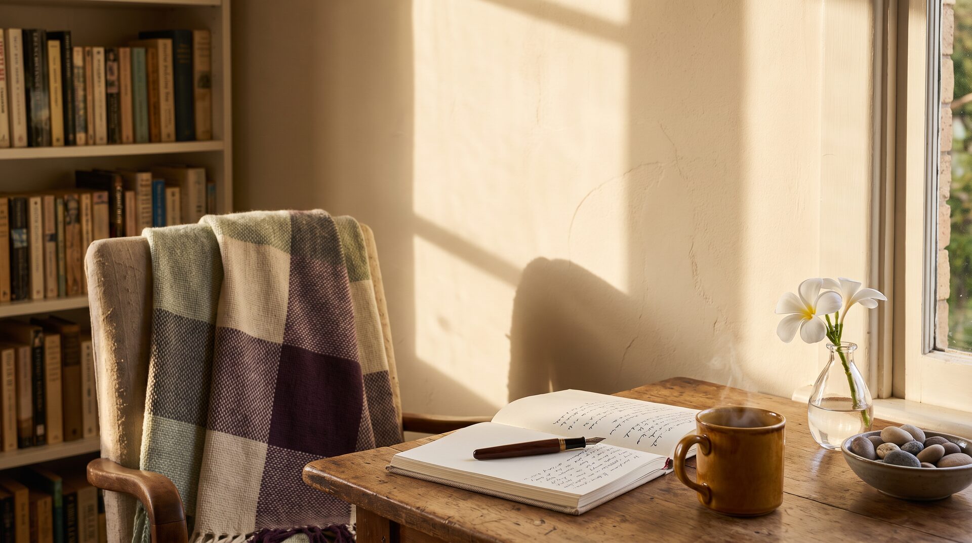 A quiet Australian home writing nook with a handwoven throw, open journal, mug, river stones and a single white frangipani — the sanctuary where stories are held.
