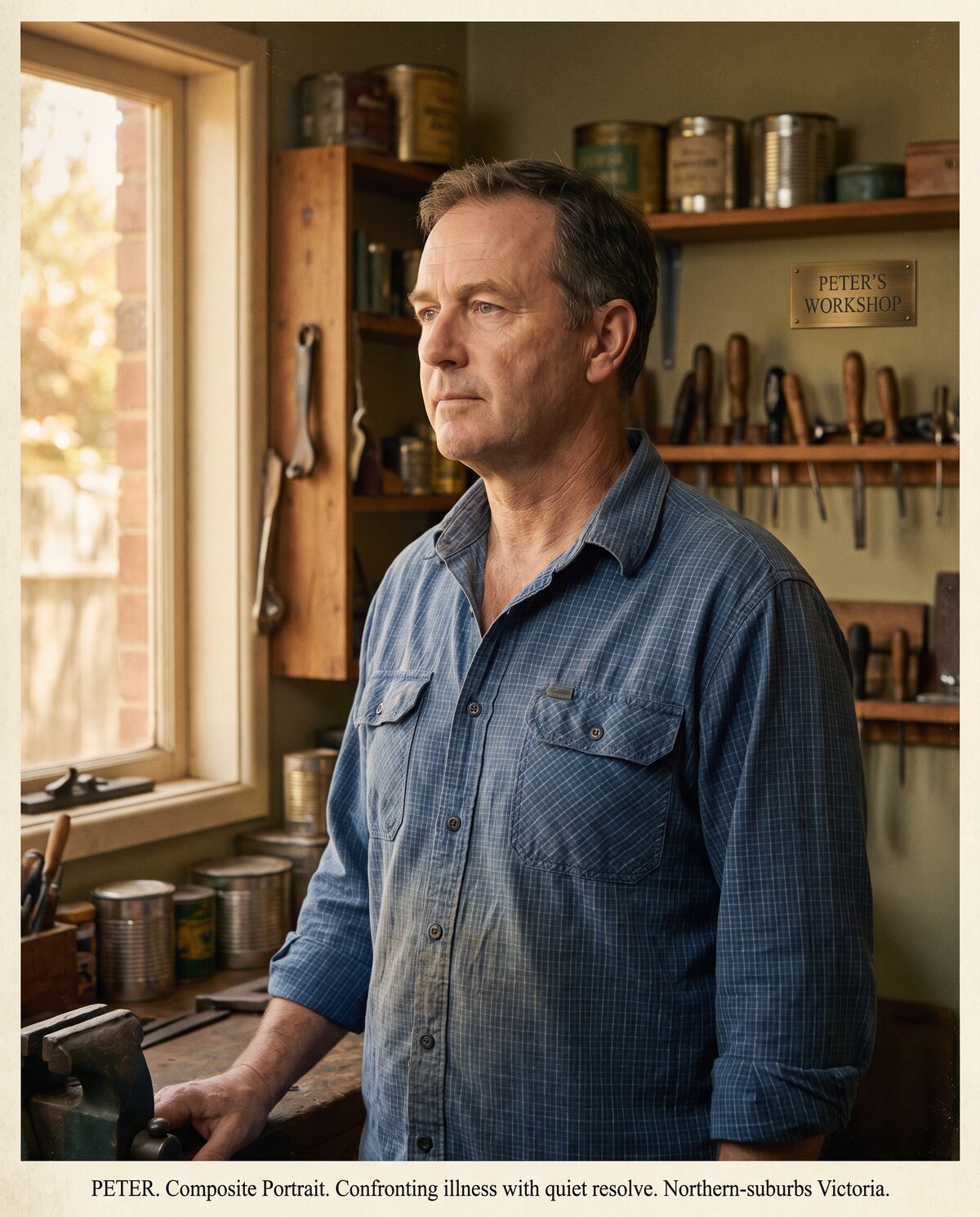 Composite portrait of Peter — man in his early fifties, home workshop, Victoria