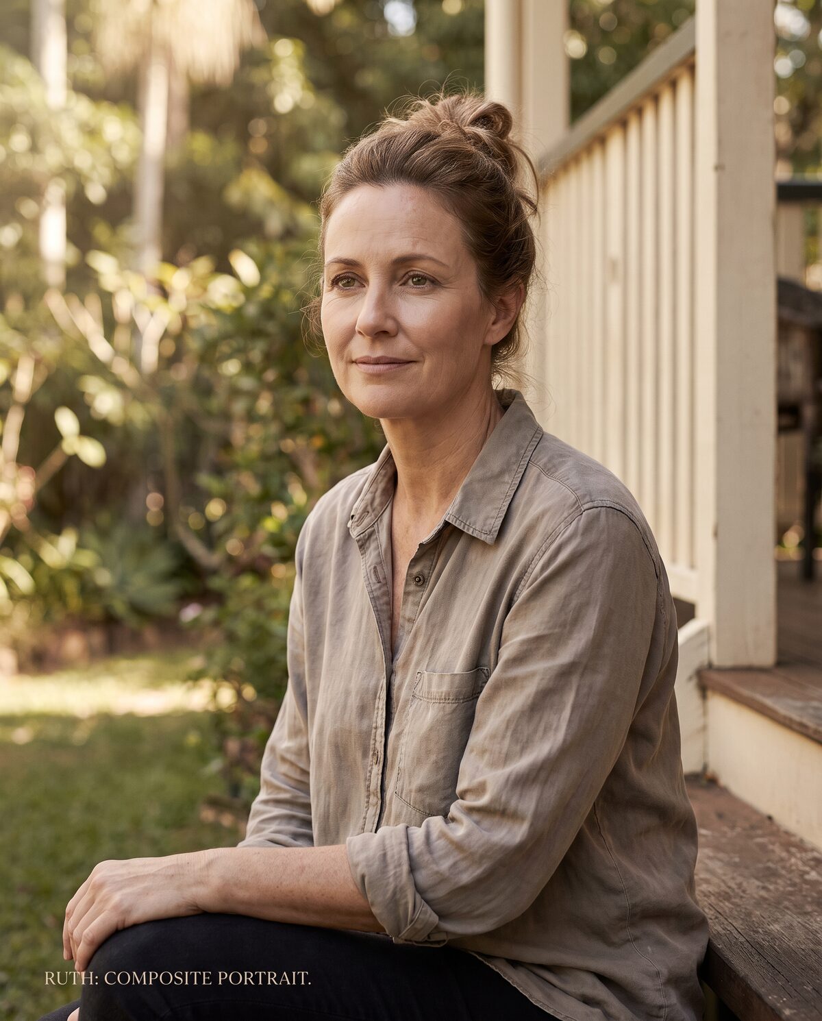Composite portrait of Ruth — woman in her late forties, Queensland home garden