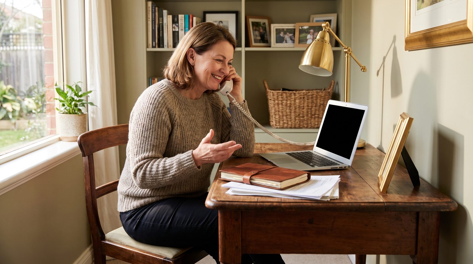 An Australian licensed advocate at a desk on the phone in a quiet home office, papers and laptop nearby, warm afternoon light — the professional hour that a donation funds.