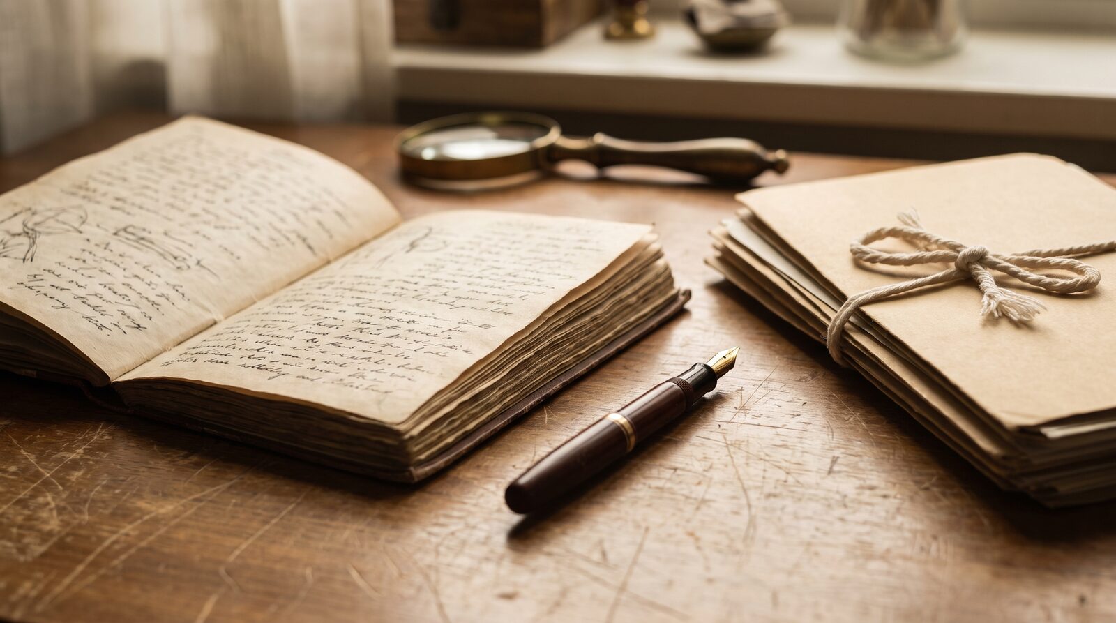 An open notebook with handwritten case notes and a fountain pen on a wooden desk, alongside string-tied manila folders — the careful record-keeping that builds the cumulative evidence base.