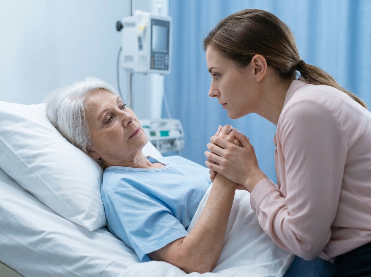 An elderly couple leaning into each other, the quiet weight of a terminal diagnosis carried together.