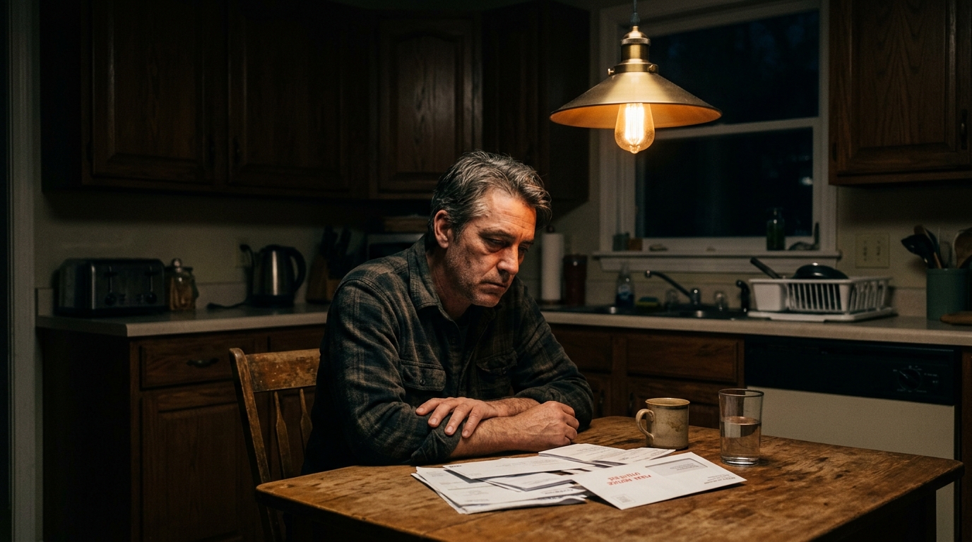 A father alone at the kitchen table late at night, surrounded by bills and ATO letters, the invisible financial weight of a terminal diagnosis.