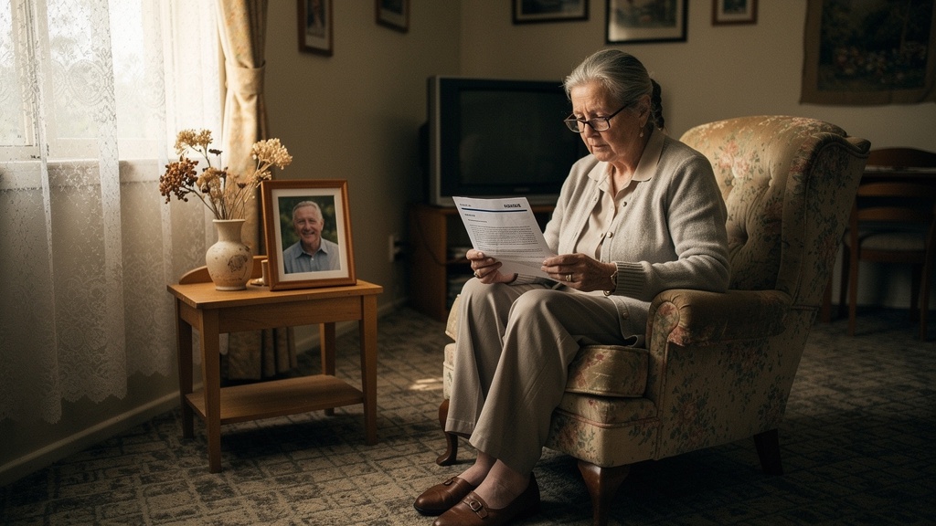 A widow facing financial paperwork alone after the death of her partner